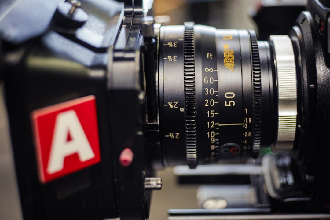 Close-up of a professional broadcast television camera lens